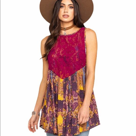 Free People Dresses & Skirts - Free people boho mini dress count me in trapeze burgundy lace crochet NEW